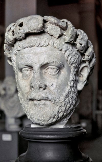 Romersk kunst: Byste av Diokletian (Gaius Aurelius Valerius Diocletianus, 245-316), romersk keiser fra 284 til 305. Marmorskulptur. Istanbul, arkeologisk museum. av Roman