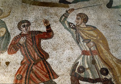 Romersk kunst: Detalj av mosaikken "" Den store jakten"" En romersk aristokrat straffer en av slavene sine med en pinne. 315-350 e.Kr. Piazza Armerina, Villa Romana del Casale av Roman