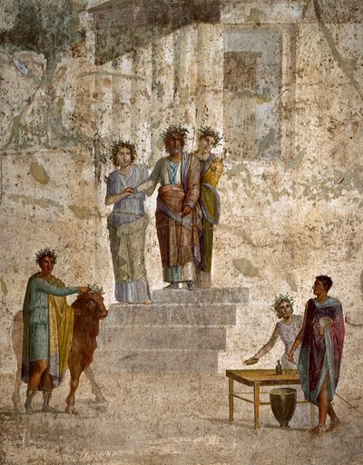 Romersk kunst: "" Jason vendt mot sin onkel Pelias"" romersk freskomaleri av den tredje pompeianske stilen fra stedet til Pompei. 40-60 e.Kr. Napoli (fresco) av Roman
