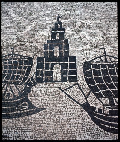 Romersk kunst: "" Fyrtårn og skip"" Mosaikk av Corporation des gens de la mer, Place des Corporations av Roman