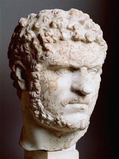 Romersk kunst: "" Marmorhode av Caracalla (188-217), keiser fra 211 til 217 e.Kr., 211-217 e.Kr., Dim. 28 cm - Roma, Palazzo dei Conservatori, Italia - Head of Caracalla (188-217) - Marmorskulptur av Roman