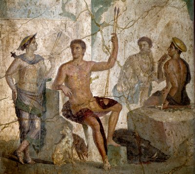 Romersk kunst: "" Meleagre og Atalante""" romersk freskomaleri fra det 1. århundre e.Kr. fra Pompei. Napoli, Nasjonalt arkeologisk museum - romersk kunst: Meleager og Atalanta. Romersk freskomaleri fra det 1. århundre e.Kr. fra Pompeii. Nasjonalt arkeologi av Roman