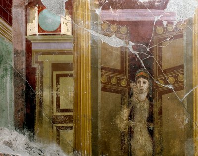 Romersk kunst: "" Portrett av en kvinne i inngangen til en dør"" Detalj av en freske av villaen av Fabio Rufo (Marcus Fabius Rufus) 1. århundre e.Kr. Pompei, Italia av Roman