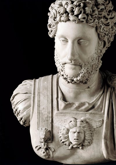 Romersk kunst: "" Den romerske keiseren Commodus (161-192)"" Byste av marmor - Musei Capitolini Roma - Byste av keiser Commodus (161-192) - Marmorskulptur - Musei Capitolini, Roma, Italia av Roman