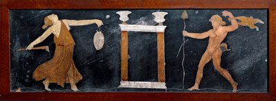 Romersk kunst: "" Dansen av en menade og en satyre nær et lite tempel""" Marquetry fra Pompei. Dim. 23x67 cm Museo Archeologico Nazionale, Napoli av Roman