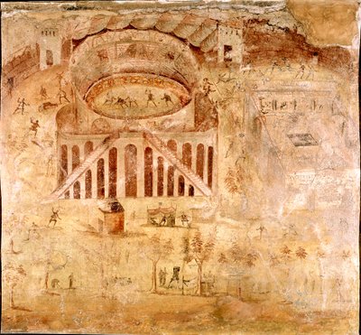 Romersk kunst: "" Voldelig kamp mellom innbyggerne i Nocera og pompeierne i amfiteateret i Pompei i 59 e.Kr."" Detalj av en freskomaleri. 1. århundre e.Kr. Fra Pompei-området. Napoli, Museo Archeologico Nazionale av Roman
