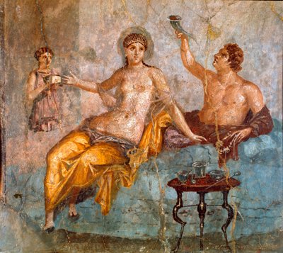 Romersk kunst: bankettscene, en ung mann og en kurtisane (en bankett i det gamle Roma, en ung mann og en kurtisane) Romersk freskomaleri av 4. Pompeiansk stil fra stedet til Ercolano (Herculanum eller Herculaneum) 60-80 e.Kr. Dim 65x66 cm Presentert på Nat av Roman
