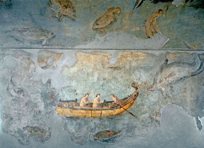 Romersk kunst: "" fiskere på en båt""" Fresco fra et hus som ligger nær en elvehavn i Roma. 131 e.Kr. Roma, Museo Nazionale Romano (o delle Terme) av Roman