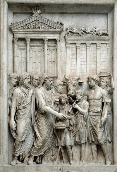 Romersk keiser Marcus Aurelius ofrer foran Jupiter-tempelet, Roma, ca. 161-180 (marmorrelieff) av Roman