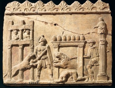 Romersk relieff som viser løver og gladiatorer som kjemper i sirkus av Roman