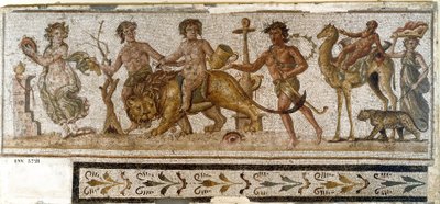 Romersk antikk: "" Dionysian Procession""" Silene rir på en kamel, en menade spiller et instrument. Mosaikk fra El Jem (Thysdrus). 3. århundre e.Kr. El Djem (Thysdrus), arkeologisk museum av Roman