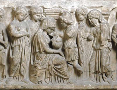Romersk antikk: "" Tristheten til Phedrus i kjærlighet og frastøtt av Hippolyte"" Lavt relieff av sarkofag kalt "" Phedrus og Hyppolite"". 3. e.Kr. Palermo, Museo Archeologico Nazionale av Roman