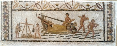 Romersk antikk: "" Lossing av en vedlast fra et skip og veiing av bly""" Mosaikk som kommer fra Sousse i Tunisia. 3. århundre e.Kr. Dim. 90x230 cm Musee du BarDo, Tunis av Roman