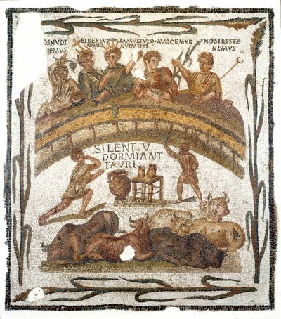 Romersk antikvitet: "" bankettscene for amfiteatrets brorskap""" Mosaikk fra El Djem (eller Jem) i Tunisia. 3. århundre e.Kr. Dim. 131x145 cm Musee du Bardo, Tunis av Roman
