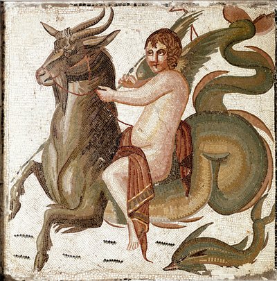 Romersk kunst: «Cupid riding a marine creature»» Mosaikk fra en villa til keiser Septius Severes familie. Slutten av 2. århundre etter JC. Roma, Museo Nazionale Romano av Roman