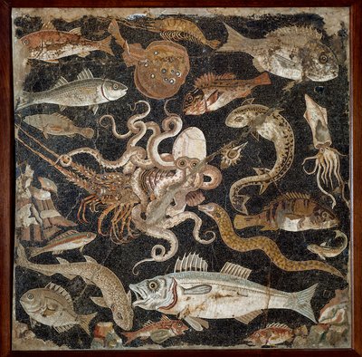 Romersk kunst: "" Marine fauna"" Mosaikk fra det 2. århundre. Napoli, Nasjonalt arkeologisk museum, inv. 120177 - Romersk kunst: Marine liv. Mosaikk fra det 2. århundre f.Kr. Nasjonalt arkeologisk museum, inv. 120177, Napoli, Italia. av Roman
