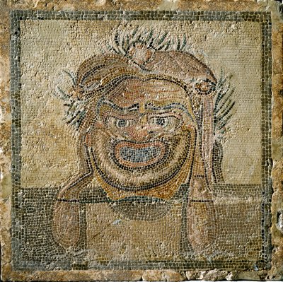 Romersk kunst: Romersk teatermaske. Mosaikk fra Ampurias (Empúries). 2. århundre e.Kr. Spania Empurias museum av Roman