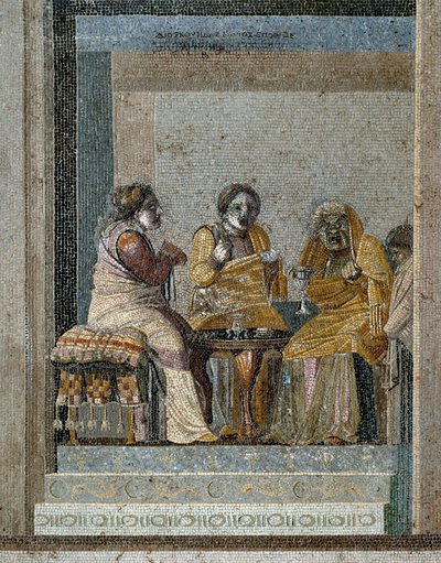 Romersk kunst: A Witch and the Preparation of a Magic Philtre. Mosaikk etter originalen til Dioscorides of Samos (eller Dioscourides) (2. århundre f.Kr.) i huset til Ciceron i Pompei av Roman