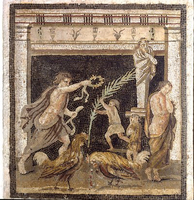 Romersk kunst: hanekamp i en palestra i nærvær av personifikasjonene av nederlag og seier. Mosaikk fra Villa du Labyrinth i Pompei. 2. stil. Dim. 46x42 cm Museo Archeologico Nazionale, Napoli av Roman