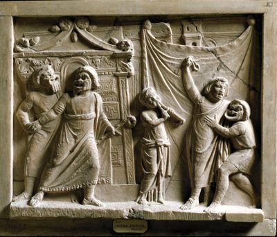 Romersk kunst: komedieteaterscene (komedie) av stykket "Andria" av Terence (Publius Terentius Afer) (185-159 f.Kr.), relieff fra Pompei - Museo Archeologico Nazionale Napoli - Scene for den greske komedien Andria, av Terence (Publius Terentius Afer) (195/1 av Roman