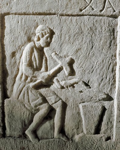 Romersk kunst: detalj av en stele som viser en smed som slår metall på en ambolt. Fra Konstantinopel. 1. århundre f.Kr. Istanbul, arkeologisk museum av Roman