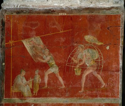 Romersk kunst: "" fullonica""" eller tråkke"" scene som representerer rengjøring av klær. Freske fra villaen Fullonica stephani (La fullonica de Stephanus) i Pompei, som ble brukt som vaskehus og farging. Maleri fra det 1. århundre e.Kr. Napoli, Museo av Roman