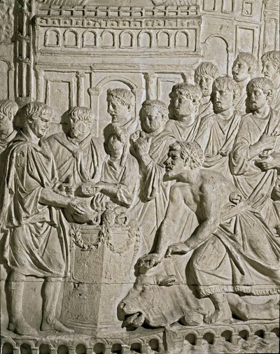 Romersk kunst: lavrelieff som representerer Sarmat-borgere som hyller romerne. Fra relieffene av kolonnen til Marc-Aurele (Marx Aurele). 2. århundre e.Kr. Roma, Museo della Civilta Romana av Roman