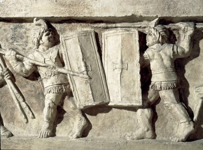 Romersk kunst: lavt relieff som representerer en kamp med gladiatorer. 1. århundre e.Kr. Roma, Museo della Civilta Romana av Roman
