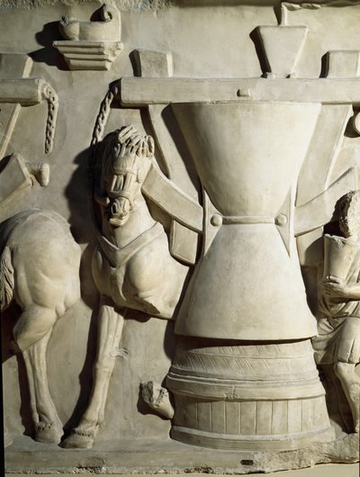 Romersk kunst: lavrelieff som representerer et kvernhjul. 1. århundre e.Kr. Roma Museo della Civilta Romana av Roman