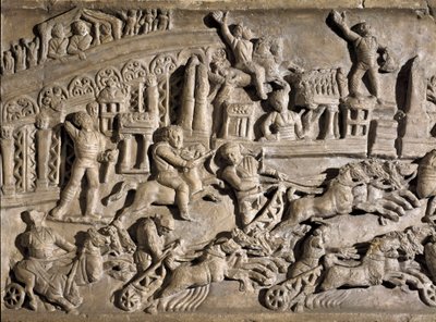 Romersk kunst: lavt relieff som representerer tankløp ved Circus Maximus (Grand Circus eller Circus Maxime) i Roma. 2. århundre e.Kr. Roma, Museo della Civilta Romana av Roman