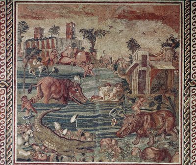 Romersk kunst: nillandskapsmosaikk fra en villa på aventino-høyden, Roma 1.-2. århundre (romersk kunst: nillandskapsmosaikk fra en villa på aventino-høyden, Roma 1.-2. århundre Roma Museo Nazionale Romano i Palazzo Massimo, Inv 171 av Roman