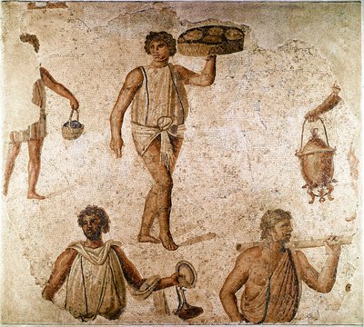 Romersk kunst: tjenere på en bankett. Fragment av mosaikk fra Kartago, Tunisia. 180-190 e.Kr. Paris, Louvre-museet av Roman