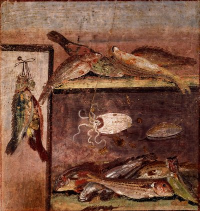 Romersk kunst: "" stilleben med fisk"" Fresco fra stedet til Pompeii. 1. århundre e.Kr. Napoli, Museo Archeologico Nazionale av Roman