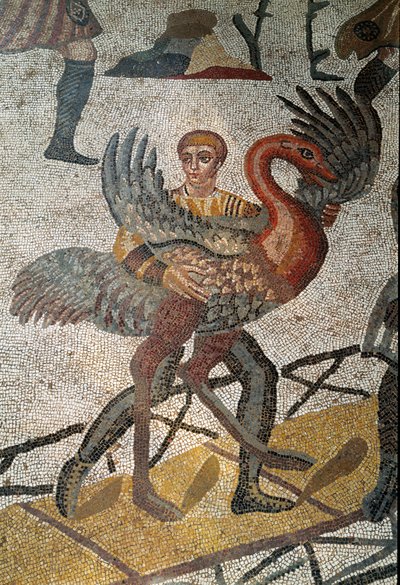Romersk kunst: transport av struts på skip sendes til Roma. Detalj av mosaikk av "" Det lille jaktlaget"" 315-350 e.Kr. Piazza Armerina, Villa Romana del Casale av Roman