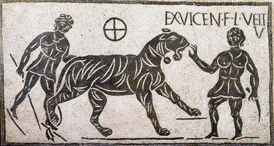 Romersk kunst: "" to kvinner som temmer en tiger""" Mosaikk fra Castro pretorio i Roma. 1. århundre e.Kr. Roma, Museo Nazionale Romano av Roman