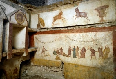 Romersk kunst: ""unge mennesker leker""" fresker som dekorerer en grav til Via portuense. 2. århundre. Sol. h. 90 cm Roma, Museo Nazionale Romano (o delle Terme) Italia av Roman