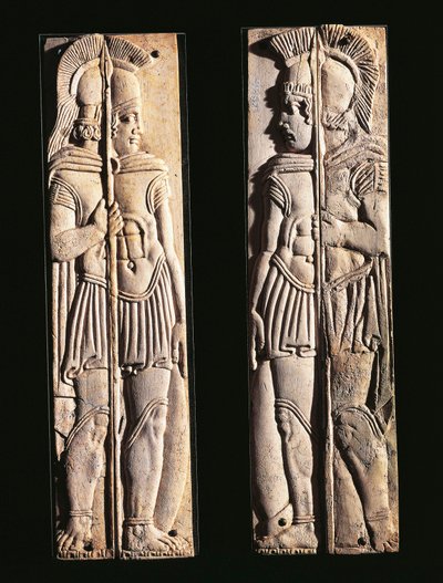 Romersk sivilisasjon, et par beinutskjæringer av krigere, fra Praeneste, Lazio-regionen, Italia av Roman