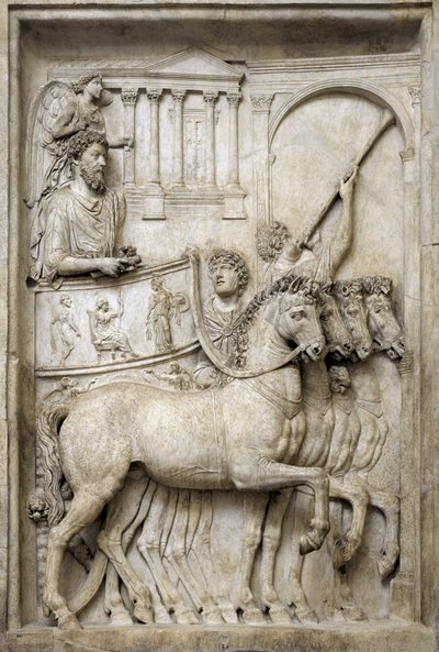 Romersk keiser Marcus Aurelius på sin triumfvogn, 2. århundre (marmorrelieff) av Roman