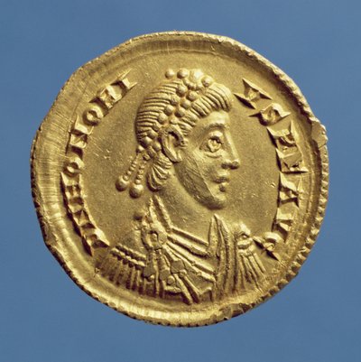 Solidus (forside) av Honorius (393-432) draperinger, cuirassed, iført diadem. Innskrift: D N HONORIVS P F AVG (gull) av Roman