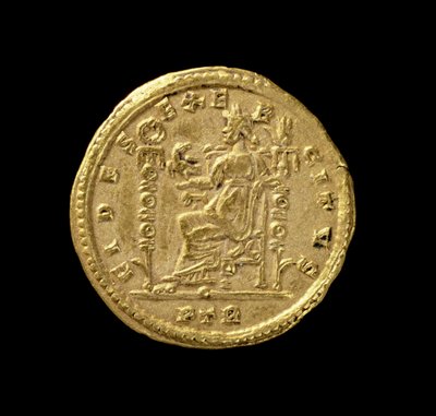 Solidus (revers) av Konstantin I, den store (306 e.Kr.-337 e.Kr.) som viser Fides sittende til venstre på tronen. Innskrift: FIDES EXERCITVS (gull) (for forside se 119150) av Roman