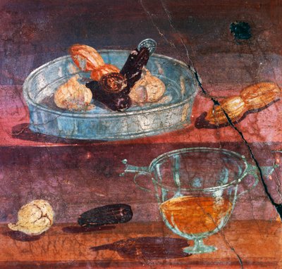 Stilleben med hvitløk, dadler og honning, to gull- og sølvmynter mellom frukt, veggmaleri fra House of Deer, Herculaneum (Unescos verdensarvliste av Roman