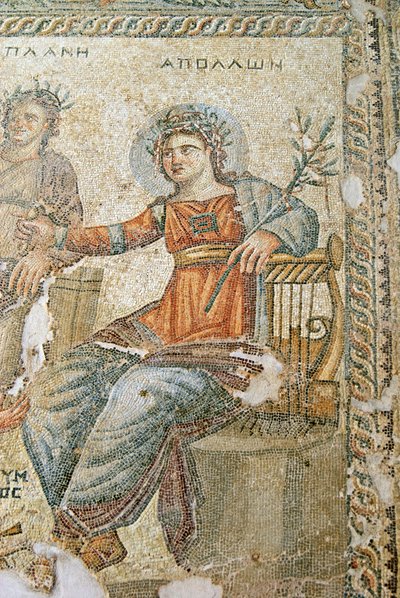 Apollo og Marsyas mosaikk, detalj av Plinius og Apollo, House of Aion, Paphos, Kypros mosaikk av Roman