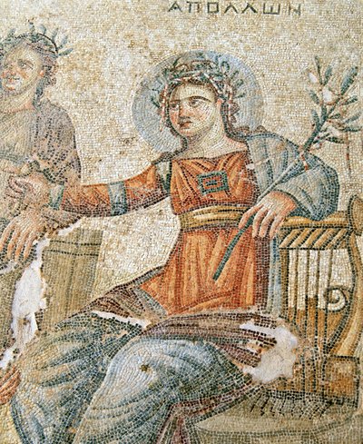 Apollo og Marsyas mosaikk, detalj av Plinius og Apollo, House of Aion, Paphos, Kypros mosaikk av Roman