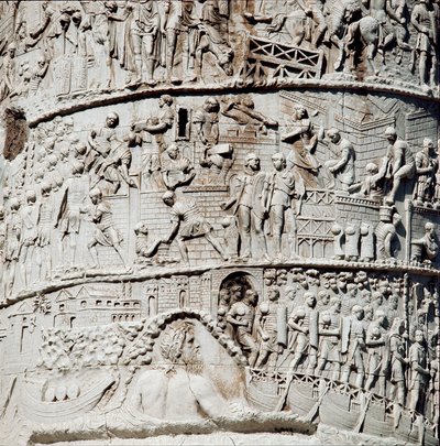 De romerske legionene seiler i Ancona under beskyttelse av Neptun, på toppen av konstruksjonen av festningsverk. Detalj av søylen til Trajan (søylen Trajane) (Colonna Traiana) i Roma bygget under keiser Trajans regjeringstid (53-117). Trajane-søylen komm av Roman