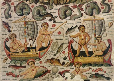 The Triumph of Neptun and Amphitrite, detalj av cupids fiske mosaikk av Roman