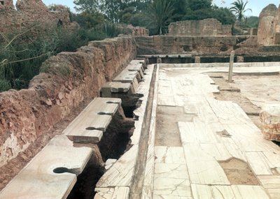 Utsikt over et felles toalett, muligens en del av Hadrianic Bath-komplekset, ca. 127 e.Kr. av Roman