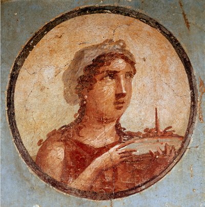 Ung jente med et fat med mat (fresco av Roman