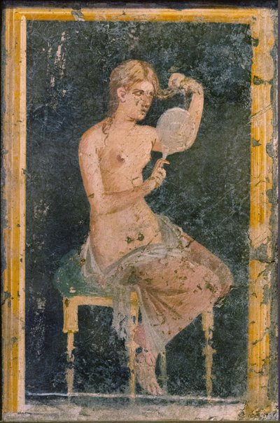Kvinne med speil, 1. H. 1. århundre. AD. av Roman Pompeian wall painting.