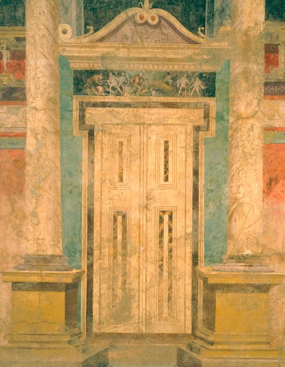 Aeacus sin vegg med scenografisk freskedekor med falsk dør, fra Roman Villa of Boscoreale (Napoli), romersk sivilisasjon, av Roman Roman
