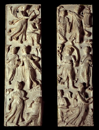 Antikkens Roma: utskåret diptyk i elfenben som representerer seks muser og seks poeter (eller filosofer). 500-tallet etter JC. Paris, Louvre-museet av Roman Roman